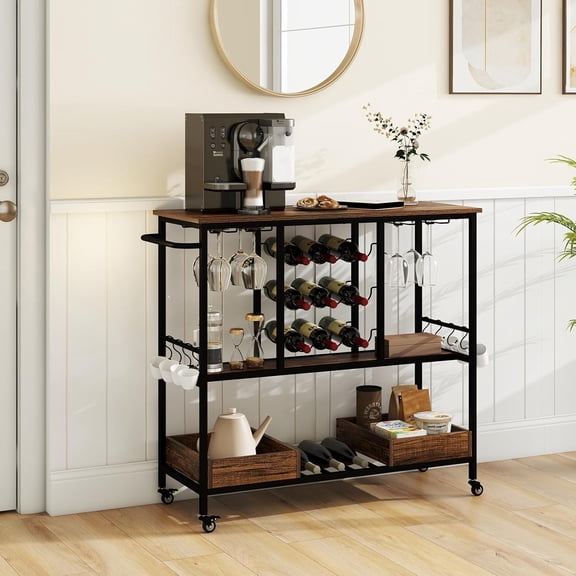Bar Cart for The Home, 3 Tiers Industrial Beverage Cart w/Glass Racks, Wine Holders, Hooks & Storage Trays, Lockable Wheels, Small Serving Cart Station for Kitchen, Dining Room, Rustic Brown