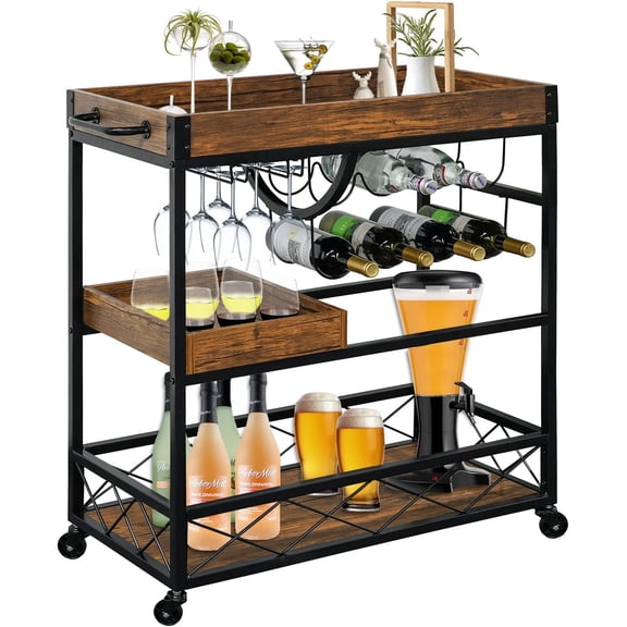 Bar Cart for The Home, 3 Tire Industrial Rolling Serving Cart on Lockable Wheels, Alcoholic Beverage Trolley with 2 Removable Trays, Wine Rack and Glass Holder for Indoor, Outdoor