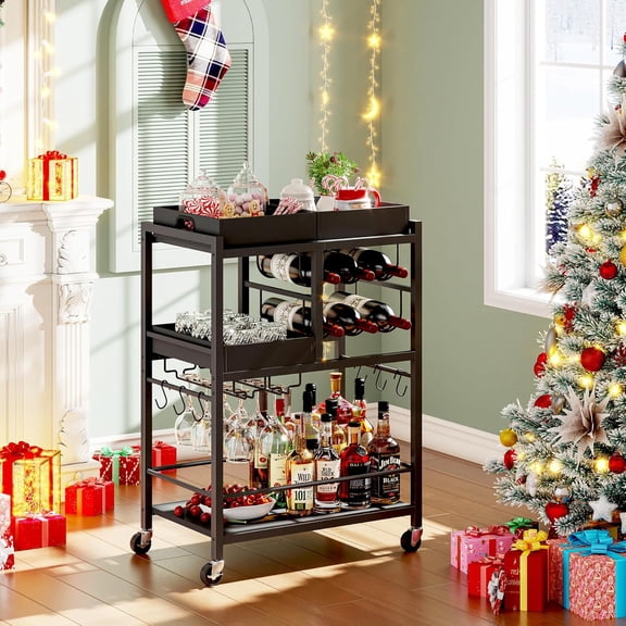 Bar Cart, Home Bar Serving Cart, 3-Tier Kitchen Cart on Wheels, Rolling Beverage Cart with Wine Rack and Glass Holder, Black BC01BK037