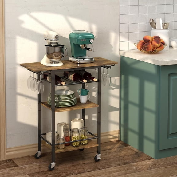 Bar Cart, Home Bar Serving Cart, 3 Tier Mobile Drink Beverage Cart, Rolling Kitchen Shelf with Wine and Glass Holders, for Dinning Room, Living Room, Kitchen