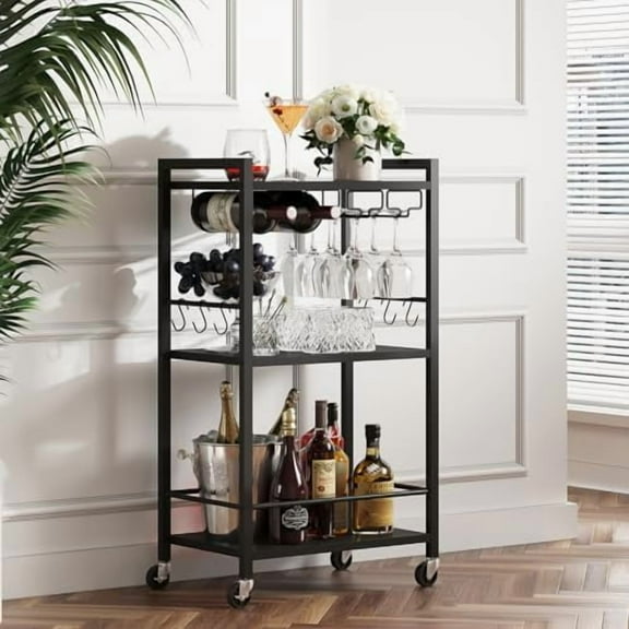 Bar Cart, Home Bar Serving Cart with 3-Tier Shelf, Drink Cart with Wine Rack, Glass Holder, Rolling bar carts for The Home, Living Room, Brown V1BC01BK035