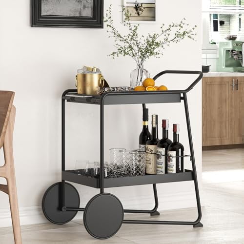 Bar Cart, Home Bar Serving Cart with Extra-Large Wheel, Removable Tray & Wine Rack, Modern2 Tier Storage Carts for Drink, Rolling Wine Carts for Home, Kitchen, Living Room, Black$$Furniture