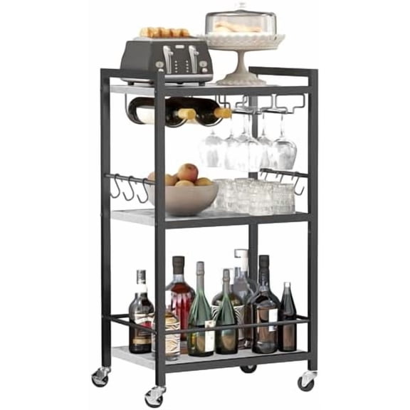 Bar Cart, Home Bar Serving Cart, Microwave Cart, Drink Cart, Mobile Kitchen Shelf with Wine Rack and Glass Holder, Rolling Beverage Cart for Living Room, Kitchen BC01BM032