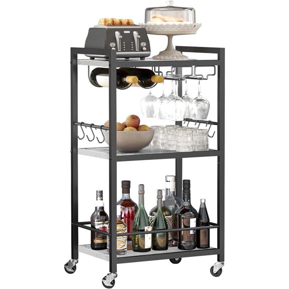 Bar Cart with Wine Rack Glass Holder, Mobile Home Bar Serving Cart Microwave Drink Cart Rolling Kitchen Shelf for Living Room