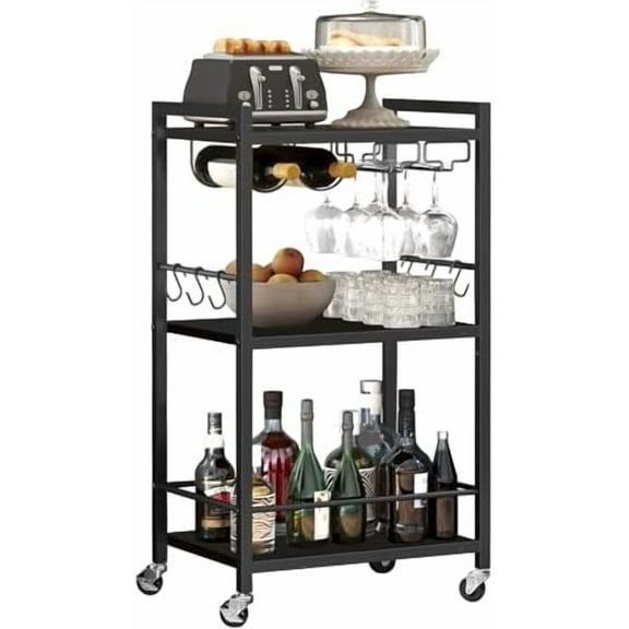 Bar Cart, Home Bar Serving Cart, Microwave Cart, Drink Cart, Mobile Kitchen Shelf with Wine Rack and Glass Holder, Rolling Beverage Cart Living Room, Kitchen, Black BC01BK032