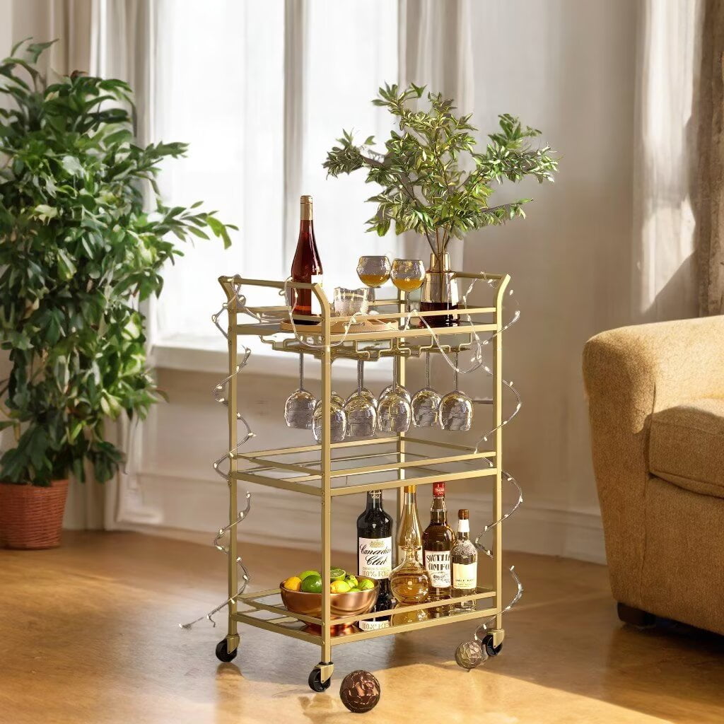 Bar Cart, Home Bar Serving Cart, Small Bar Cart with 3-Tier Shelf, Wine ...