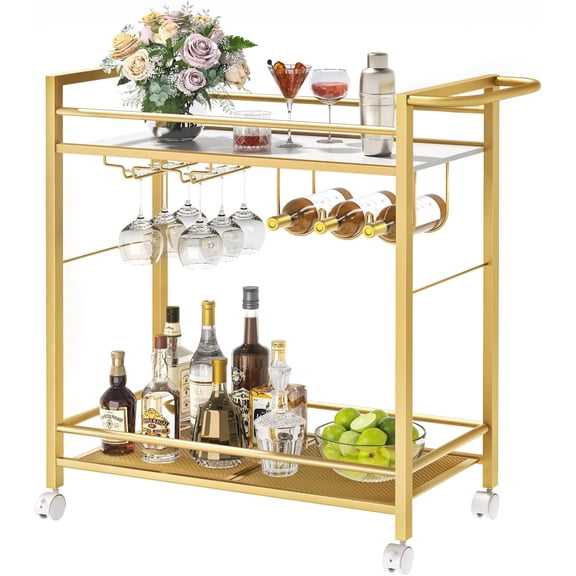 Bar Cart,Home Bar Serving Cart with Storage Shelves, 2 Tier Rolling Beverage Cart with Wheels, Modern Flowing Gold Wine Cart with Wine Rack and Glass Holder for Kitchen, Dinning Room,Living Room