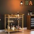 thumbnail image 1 of Gold White Bar Cart with Wine Rack and Glass Holder, 2-Tier Rolling Serving Cart for Kitchen Living Room, 1 of 6