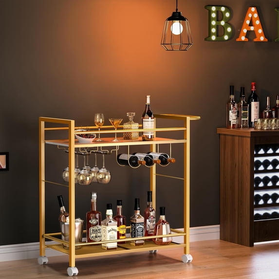 Gold White Bar Cart with Wine Rack and Glass Holder, 2-Tier Rolling Serving Cart for Kitchen Living Room