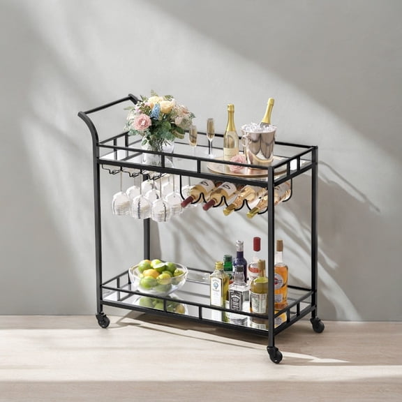 VASAGLE Bar Cart , Home Bar Serving Cart, Wine Cart With 2 Mirrored Shelves, Wine Holders, Glass Holders, For Kitchen, Dining Room