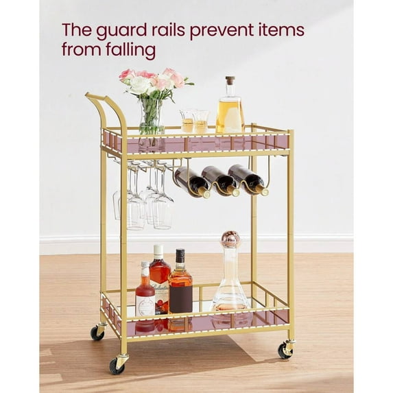 Bar Cart - Home Bar Serving Cart with 2 Mirrored Shelves, Wine Holders & Glass Holders for Kitchen, Dining Room & Outdoor Decor