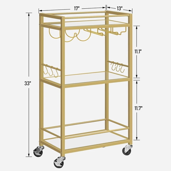 Bar Cart, Home Bar Serving Cart with 3-Tier Mirrored Shelf, Drink Cart, Mobile Kitchen Shelf with Wine Rack, Gold BC01BB033