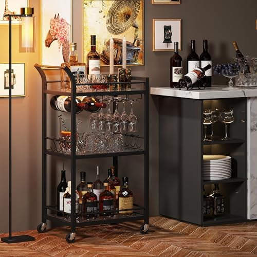 Bar Cart, Home Bar Serving Cart with 3-Tier Mirrored Shelf, Mobile Kitchen Shelf, Rolling Beverage Cart, Black BC01BK034