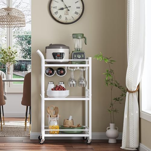 Bar Cart, Home Bar Serving Cart with 3-Tier Mirrored Shelf, Mobile Kitchen Shelf, Rolling Beverage Cart, White BC01BW034