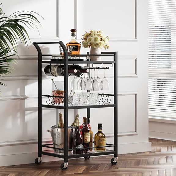 Bar Cart, Home Bar Serving Cart with 3-Tier Mirrored Shelf, Wine Cart, Mobile Kitchen Shelf