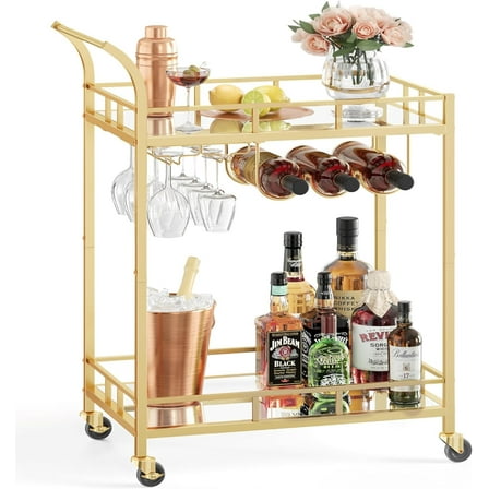 Bar Cart Home Bar Serving Wine Cart with 2 Mirrored Shelves Wine Glass Holders for Kitchen Dining Room Gold