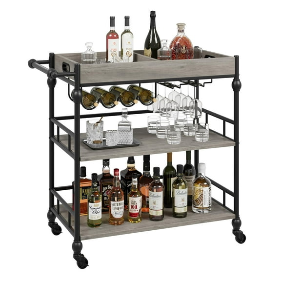 Bar Cart for The Home, Rolling Home Bar Serving Cart on Wheels, 3 Tier Liquor Beverage Carts with Wine Rack and Glass Holder for Kitchen, Living Room, Dining Room