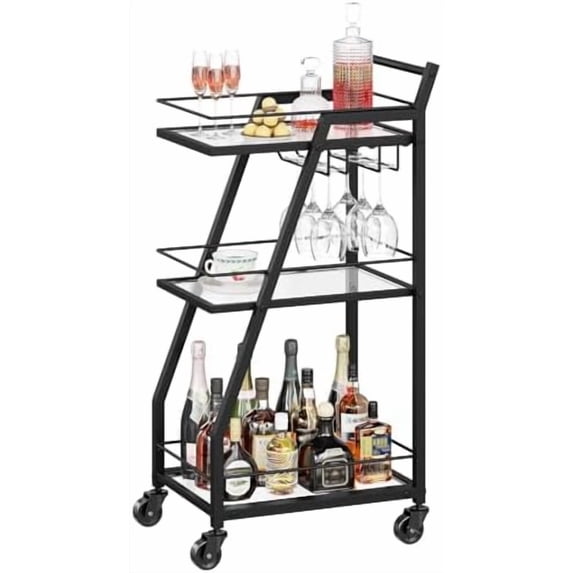 Bar Cart for The Home, Small Bar Cart on Wheels, Beverage Cart, Home Bar Serving Cart with Glass Holder, Drink Cart for Bar, Kitchen, Transparent and Black BC03BK