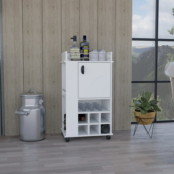 Bar Cart In White With 6 Wine Rack Compartments, Cabinet And Maneuverable Built-in , Modern Home Essential