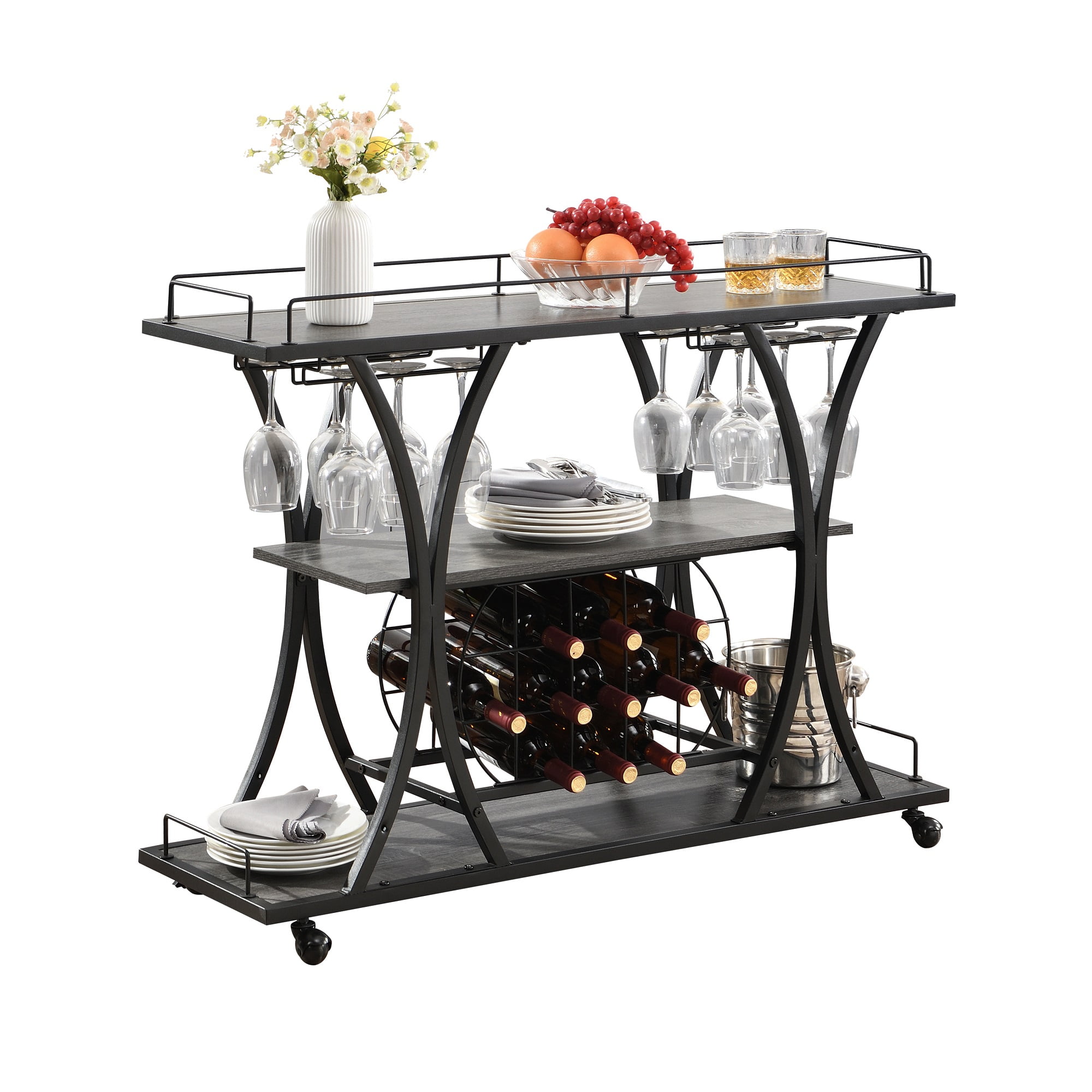 Bar Cart with Lockable Rolling Wheels and Wine Rack Triple bar cart
