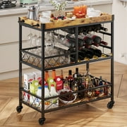 Bar Cart, Lofka 38" Home Bar Serving Cart with Removable Top Tray, Rack Glass Holder, Lockable Wheels - Brown