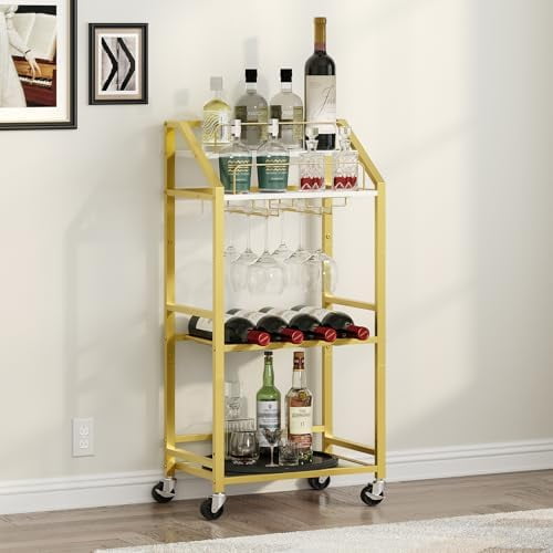 Bar Cart with Mirrored Shelf, Serving Cart for Home, Drink Cart with Wine Rack, Rolling Kitchen Cart with Wheels, Glass Holder, for Kitchen, Dining Room, Gold and White RCJW67M01