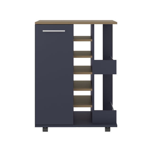 Bar Cart, Modern Particle Board Mobile Wine Station with Single Door Cabinet, 6 Bottle Cubbies, 2 Open Shelves with Rail Guards and Locking Casters, Navy Blue for Living Room