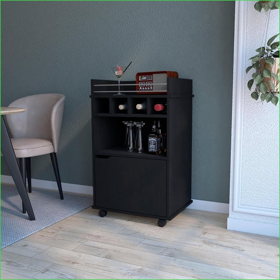 Bar Cart, Modern Wenge Engineered Wood with 1-Door, Swivel Wheels & Bottle Holders | Wenge | Small (less than 40in)