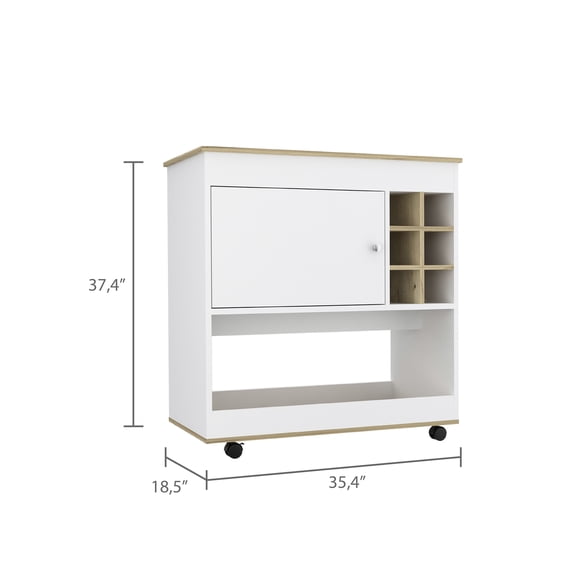 Bar Cart - Oak. 6 Bottle , Cabinet & Movement Feature. Move With Wheels. Spacious Central Drink Storage Shelf. Particle Board Oak . Bottles . To Store Drinking Glasses Securely. Easily Moved On