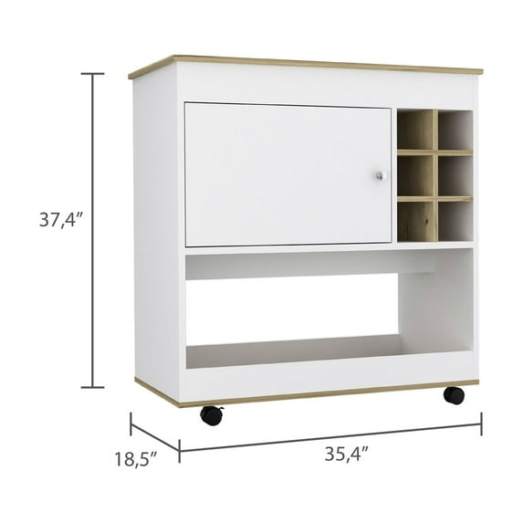 Bar Cart In Oak Color. 6 Bottle And Storage. Caster Wheels For Mobility. Spacious Central Shelf. Particle Board Product With Six Holders A Convenient Storage Solution