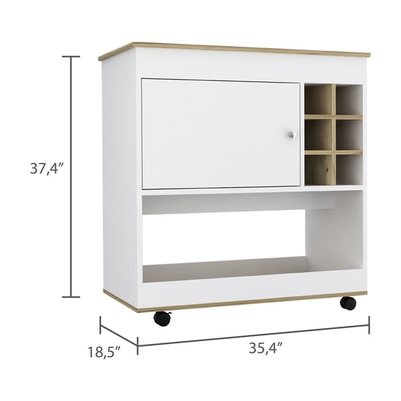 Bar Cart In Oak Color. 6 Bottle And Storage. Caster Wheels For Mobility. Spacious Central Shelf. Particle Board Product With Six Holders A Convenient Storage Solution