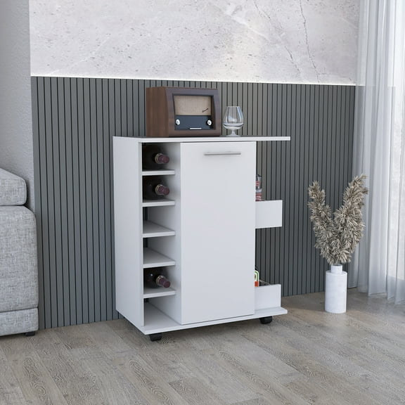 Bar Cart On - 6 Wine Bottle Rack, 2 Side Storage Shelves White Modern Living Area Shelves, Rack