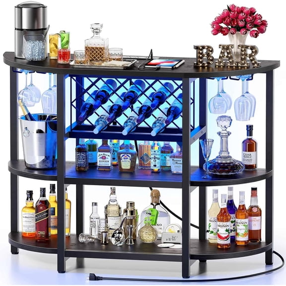 Bar Cart with Power Outlet Easy to Assemble, LED Home Bar Cabinet for Liquor, 47.3" L x 15.8" D x 36" H Metal Mini Bar Table with 4-Tier Storage, Black
