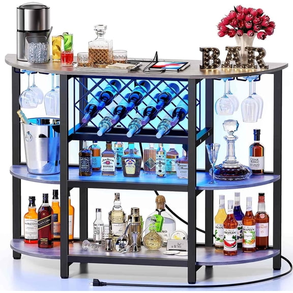 Bar Cart with Power Outlet Easy to Assemble, LED Home Bar Cabinet for Liquor, 47.3" L x 15.8" D x 36" H Metal Mini Bar Table with 4-Tier Storage, Light Grey