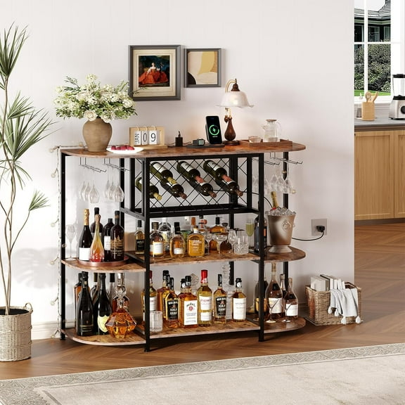 Bar Cart with Power Outlet Wine Rack Table with Socket and LED Light, Floor Bar Cabinet for Liquor and Glasses, Wood Coffee Bar Table with Adjustable Wine Rack, FreeStanding Sideboard and Buffet