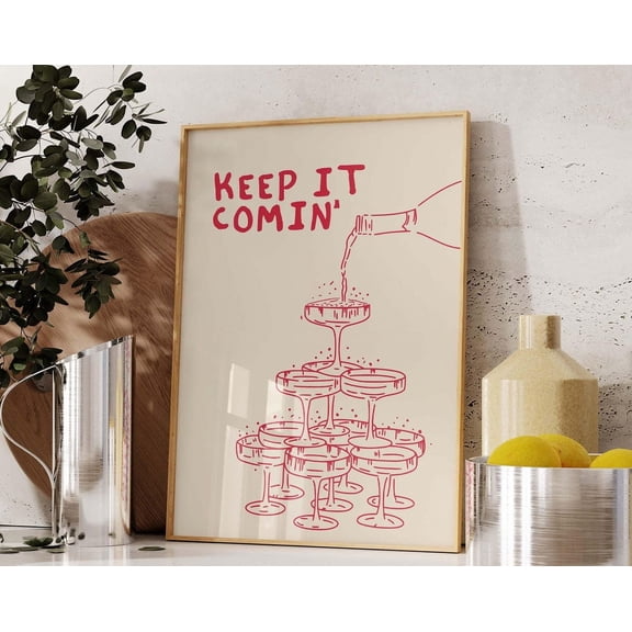 Bar Cart Print Champagne Print Trendy Bar Cart Decor Retro Kitchen Wall Art Vintage Drinks Print Bar Cart Poster Wall Art Red Wall Art, Modern Wall Decor, 8x12 UNFRAMED