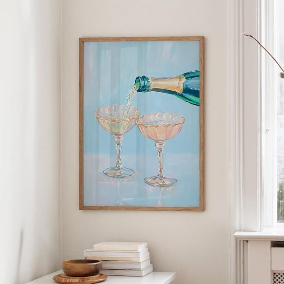 Bar Cart Print: Champagne Wall Art, Pink & Blue Cocktail Poster, Seashell Wine Glasses Print (Physical Print) Unframed Paper Print
