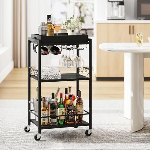 Bar Cart with Removable Tray, Home Bar Serving Cart, Drink Cart, Mobile Kitchen Shelf with Wine Rack and Glass Holder, Rolling Beverage Cart for Living Room, Kitchen, Black BC01BK036