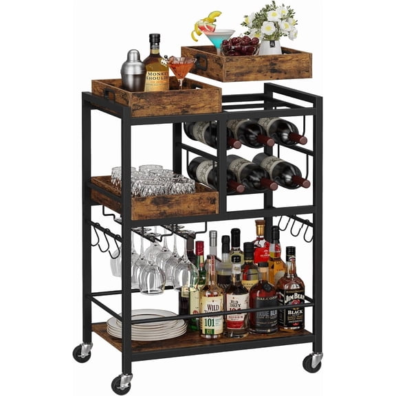 Bar Cart with Removable Tray, Home Bar Serving Cart, Drink Cart, Mobile Kitchen Shelf with Wine Rack and Glass Holder, Rolling Beverage Cart for Living Room, Kitchen, Brown