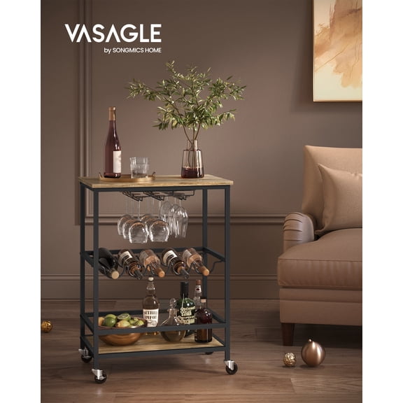 Industrial Bar Cart with Casters, Glass and Wine Holders, Large Tabletop and Bottom Shelf, Serving Cart for Kitchen or Home Bar, Turquoise Brown and Black