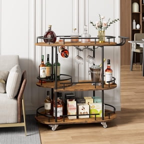 Bar Cart, Serving Cart for Home, 3 Tier Serving Cart with Wheels, Rotating Bar Cart, Mobile Kitchen Shelf with Wine Rack and Glass Holder, Rolling Beverage Cart