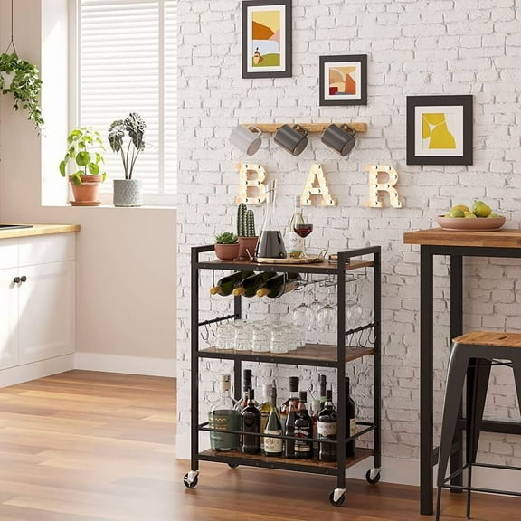 MY  Bar Cart, Serving Cart for Home, Microwave Cart, Drink Cart, Mobile Kitchen Shelf with Wine Rack and Glass Holder, Rolling Beverage Cart BC01BB030