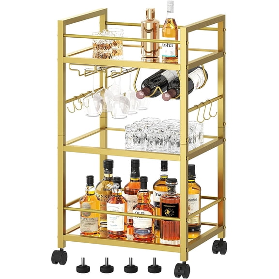 Bar Cart, Serving Cart for Home, Microwave Cart, Drink Cart, Mobile Kitchen Shelf with Wine Rack and Glass Holder, Rolling Beverage Cart for Dining Room, Black