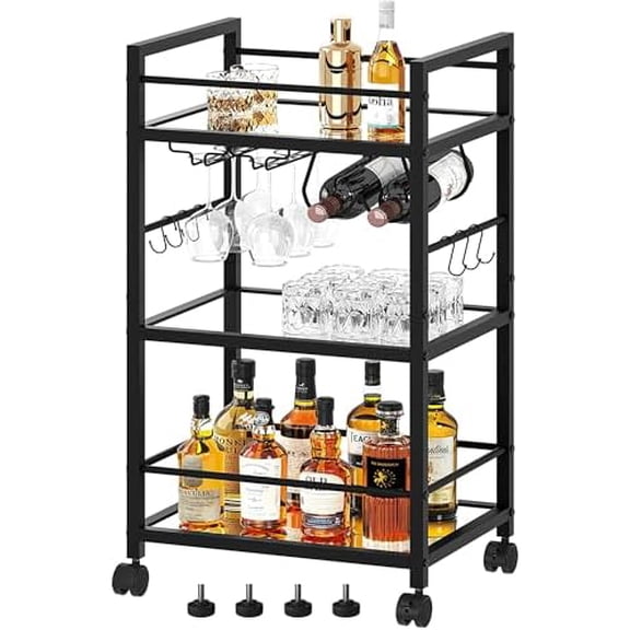 Bar Cart, Serving Cart for Home, Microwave Cart, Drink Cart, Mobile Kitchen Shelf with Wine Rack and Glass Holder, Rolling Beverage Cart for Dining Room, Black