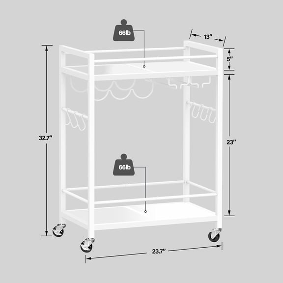 Bar Cart, Serving Cart for Home, Microwave Cart, Drink Cart, Mobile Kitchen Shelf with Wine Rack and Glass Holder, Rolling Beverage Cart, White BC01BW031
