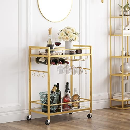 Bar Cart, Serving Cart for Home, Drink Cart, Mobile Kitchen Shelf with Wine Rack and Glass Holder, Rolling Beverage Cart, Gold BC01BB031