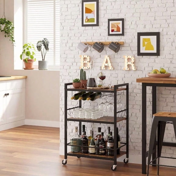 Bar Cart Serving Cart for Home Microwave Cart Drink Cart Mobile Kitchen Shelf with Wine Rack and Glass Holder Rolling Beverage Cart BC01BB030