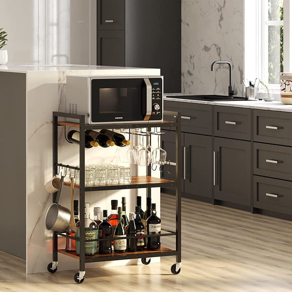 Bar Cart, Serving Cart for Home, Microwave Cart, Drink Cart, Mobile Kitchen Shelf with Wine Rack and Glass Holder, Rolling Beverage Cart BC01BB030