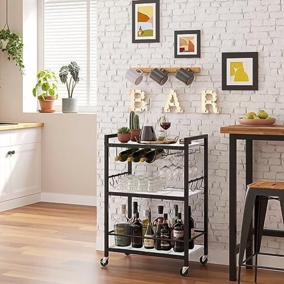 Bar Cart - Serving Cart for Home - Microwave Cart, Drink Cart, Mobile Kitchen Shelf with Wine Rack and Glass Holder, Rolling Beverage Cart BC01BM030