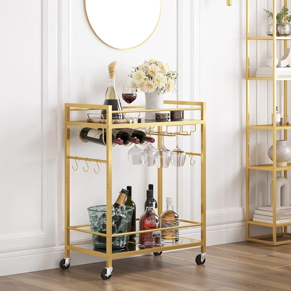 Bar Cart, Serving Cart for Home, Microwave Cart, Drink Cart, Mobile Kitchen Shelf with Wine Rack and Glass Holder, Rolling Beverage Cart